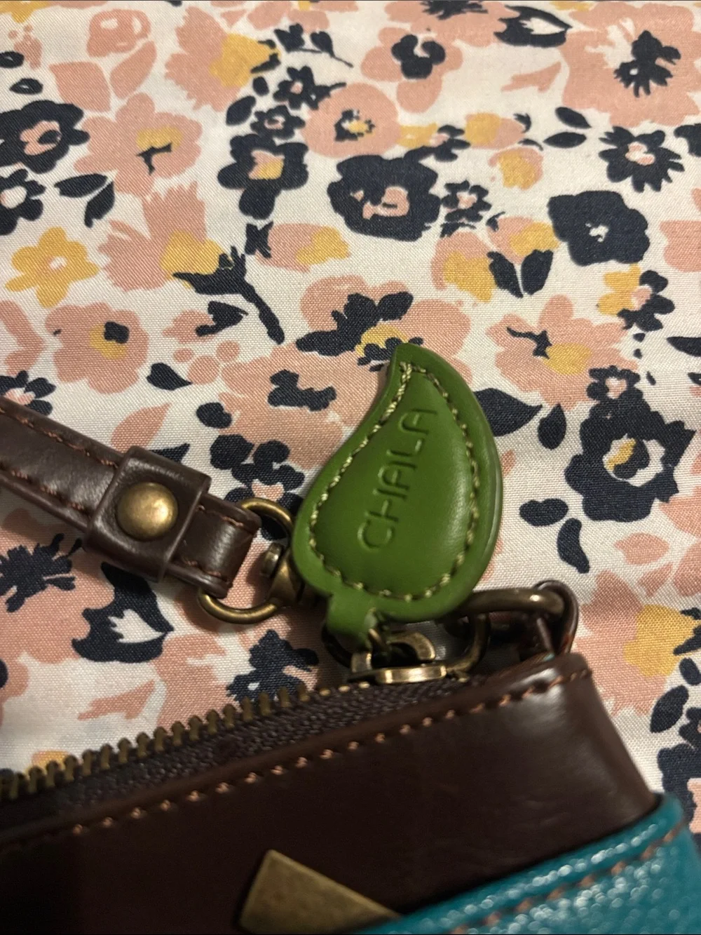 Chala Teal Dragonfly Applique Crossbody Bag with Brown Strap